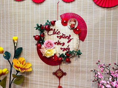 Vòng treo cửa Tết mẹt tre Chúc Mừng Năm Mới cành lựu quạt Đỏ [Vòng nhẹ] N50cm VTC-T-46